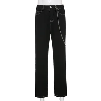 ALLNeon Egirl Mados Kietas Grandinės Black Džinsai Vintage 90s Streetwear Prarasti Aukštos Juosmens, Tiesios Kelnės Atsitiktinis Rudenį Elegantiškos Kelnės
