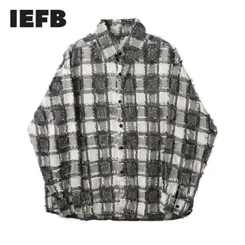 IEFB /vyriški drabužiai juoda balta pledas spausdinti marškinėliai vyrams 2021 m. Pavasarį naujas specialus audinys žaliavų kraštais pasukite žemyn apykaklės viršūnes 9Y3902
