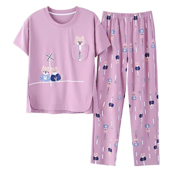 2021 Nauja Pižama Moterims Sleepwear Homesuit Homeclothes Trumpas Rankovės Ilgos Kelnės Animacinių filmų Spausdinimo Įgulos Kaklo Pj Nustatyti Sleepwear