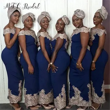 Tamsiai Mėlyna Afrikos Bridesmaid Dresses Aukso Nėrinių Nuo Peties Tiesiai Stiliaus Didmeninė Tarnaitė Garbės Suknelė Pigūs 2019 Naujas