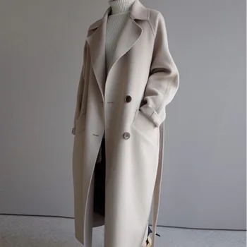 Žiemos Smėlio Spalvos Elegantiškas Vilnos Paltai Moterims Korėjos Mados Juoda Ilgi Paltai Pagrindiniai Minimalistinio Vilnonis Paltas Šiluma Negabaritinių Outwear