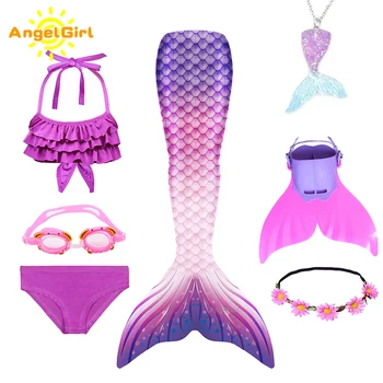 AngelGirl Undinėlės Uodega Princesė Swimable Vaikų Undinėlės Kostiumas Su Flipper Cosplay Fantazijos Holiday Beach Bikini Vasaros Suknelė