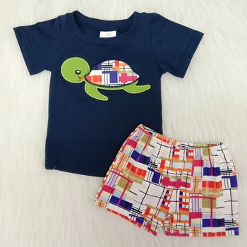 RTS kūdikių berniukų drabužius trumpomis rankovėmis marškinėliai, šortai dizaino vėžlys siuvinėjimo vaikai boutique, komplektai, vaikams, 2vnt vasaros jūros rinkiniai