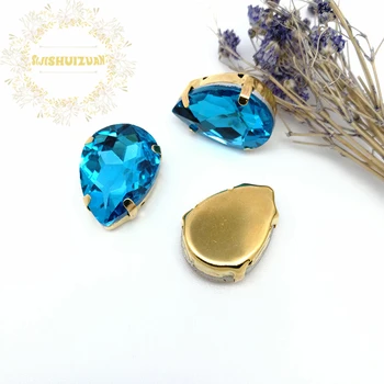 Geriausiai parduodamų Turkis mėlyna Vandens lašo formos Kristalų, Stiklo Siūti-apie Strazdų su aukso Letena 