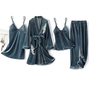 Ruduo Šiltas Moterų Pižamos Aksomo Kostiumas Kimono Skraiste Sexy Nėrinių Pižama Nustatyti, Naktiniai Drabužiai Namų Drabužius, Tamsiai Mėlynas Chalatas Suknelė Homewear
