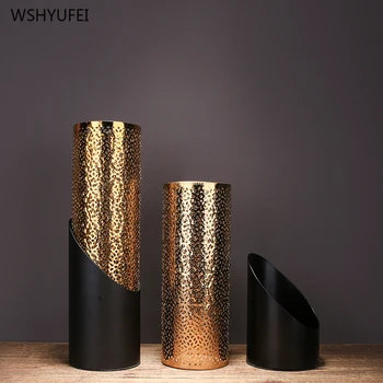 Kūrybos šviesa prabangaus metalo, aukso tuščiavidurių cilindrinių keramikos vaza paprastas gėlių kompozicijų viešbutis modelis meno dekoravimas ornamentais