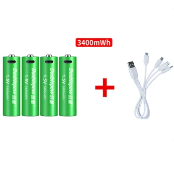 4pcs/daug Naujų 1,5 V AA įkraunamos baterijos 3400mWh USB įkraunama ličio baterija Micro USB kabelis greito įkrovimo