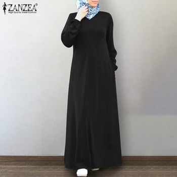 2021 Moterų Kietas Kaftan Rudenį Musulmonų Suknelė, Hijab ZANZEA Derliaus ilgomis Rankovėmis Ilgas, Maxi Vestidos Sundress Moterų Drabužius, Plius Dydis