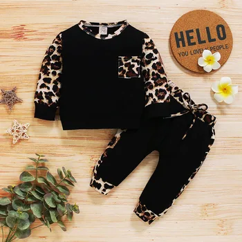 Prekės Pavasarį, Rudenį Baby Girl ilgomis rankovėmis Palaidinės Kostiumo Leopardas Spausdinti Susiuvimo Apvalios Kaklo marškinėliai ir Elastinės Kelnės