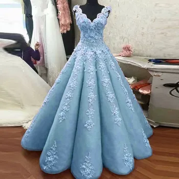 2021 Ilga Mėlyna Saudo Arabija V Kaklo Nuotakos Suknelė 3D Gėlės Appliques Kamuolys Suknelė Vestuvių Suknelės Princesė Vestido De Noiva