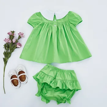 2vnt Baby Girl Išsiuvinėti Antis Suknelė Bamblys Vasaros Frocks Vaikų Boutique Žalios Suknelės Vaikams Peter Pan Apykaklės Vestidos
