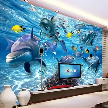 3D Animaciją Freskos Wallpaper HD Povandeninio Pasaulio Delfinų Nuotraukų Siena Medžiaga Vaikams, vaikų Miegamasis Fone, Sienų danga 3D Dekoras