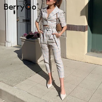 Berrygo Dviejų dalių patikrinti, rudenį, žiemą moterys jumpsuits Elegantiškas aukšto juosmens office lady ziajać kostiumai Mados ilgomis rankovėmis striukė rinkiniai