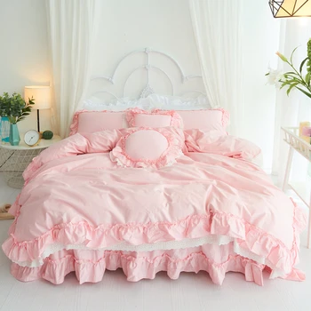 Medvilnės korėjos Prabanga Princesė Patalynės Komplektai Twin Karalienė King Size 4/6pcs Rožinė Patalyne, Antklode Padengti paklode pagalvių Užvalkalai