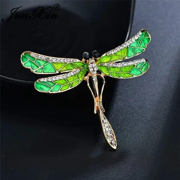 JUNXIN Vaivorykštė Dragonfly Sages Moterims Aukso Metalo Mėlyna Žalia Emalio Sagės, Segtukai, Baltas Cirkonis Kristalų Moteriška Suknelė Papuošalai