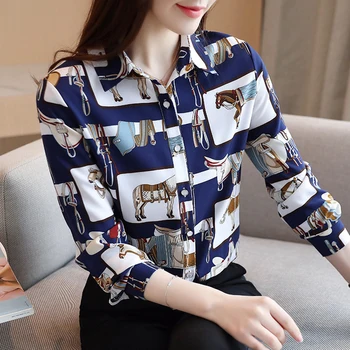 Moterų ilgas rankovėmis marškinėliai 2020 m. Rudenį Office lady drabužiai Nauji korėjos Atspausdintas Šifono Palaidinė Viršūnės