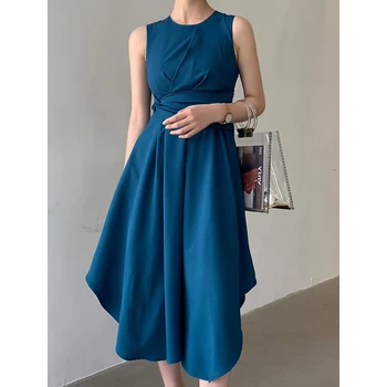 Moterų Mėlyna Suknelė 2019 Naujas Mados Apvalios Kaklo Kaklaraištis Juosmens Rankovių Nereguliarus Sūpynės 