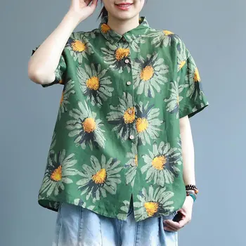 Vasaros Stiliaus Moterų Marškiniai Plius Dydis-Trumpomis Rankovėmis Prarasti Atsitiktinis Vintage Palaidinė Gėlių Spausdinti Medvilnės Skalbiniai, Marškiniai, Moterų Blusas D120