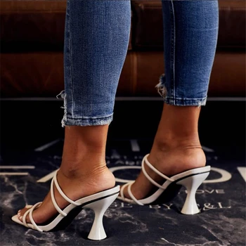 Moterų sandalai PU Paslysti Ant 9cm Ploni Kulniukai Aukšti kulniukai Aikštėje Kojų moterų batai sandalias mujer 2020 m dydis 35-42 juoda juoda balta