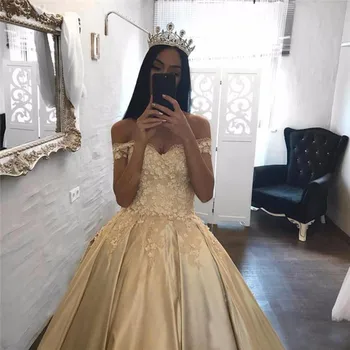 Champagne Gold 3D Gėlių Aplikacijos Quinceanera Suknelės 2021 nuo Peties Korsetas Kamuolys Suknelė Plius Dydis arabų, Afrikos Prom Dress