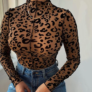 OMSJ Moterų Nauja Seksuali Leopardas Spausdinti Liesas Bodysuit Ruda Aukšto Kaklo, ilgomis Rankovėmis Jumpsuit Clubwear Viršūnes Pagrindinio darbo drabužiai moterims