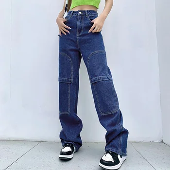 ArtSu Streetwear Žemas Augimas Baggy Jeans Moterų Prarasti Pločio Kojų Kelnės Y2K Tamsiai Mėlyna Džinsinio audinio Krovinių Kelnės E Mergina Kelnės PA52526