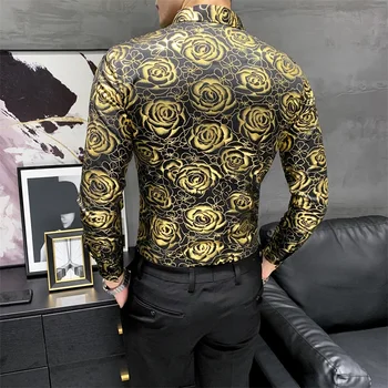 Prabangus Aukso Gėlių Spausdinti Marškinėliai Vyrams, Ilgomis Rankovėmis Marškinėliai Slim Korėjos Vyrų Drabužiai Naktinis Klubas Socialinės Šalis Palaidinė Streetwear 2020 M.