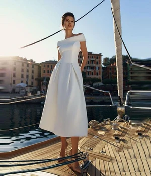 Spalvingas Trumpas Vestuvių Suknelės 2020 nuo Peties Satino Linija Arbatos Ilgio Paplūdimio Vestuvių Suknelės, Pigūs Priėmimo Suknelė