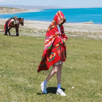Etninės skara moterų gobtuvu paminkštintas šiltas Yunnan Tibeto kelionės šalikas su gobtuvu apsiaustu kailis