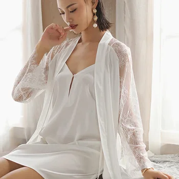 2021 m. Pavasarį, Rudenį Naujų Sleepwear 2VNT Kimono Skraiste Nustatyti Moterų Intymus apatinis Trikotažas Balta Atsitiktinis naktiniai drabužiai Namų Drabužių Chalatas