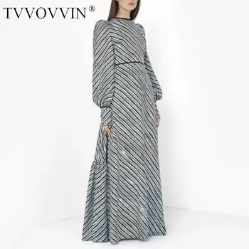 TVVOVVIN ir 2020 m., nauja rudens žiemos žibintų rankovėmis dryžuotas stovėti apykaklės, žibintų rankovėmis aukštos juosmens grindų ilgio suknelė BQM6