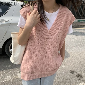 Korėjos ins amžiaus-sumažinti laukinių V-kaklo megztinis purus megzti liemenė liemenė + atsitiktinis ilgomis rankovėmis marškinėliai top moterims
