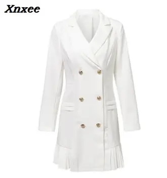 Xnxee Elegantiškas pynimas dvigubo breasted moterų suknelė Office laisvalaikio švarkas baltos spalvos suknelė 2020 m. Rudens ir žiemos plonas kostiumas ponios suknelės