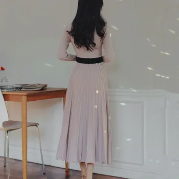 Rudenį, Žiemą Korėjos Derliaus Plisuotos Megzti Ilga Suknelė Moterų Plonas Elegantiškas Megztinis Suknelės Moterims Paprastu Būdu Vestidos Skraiste