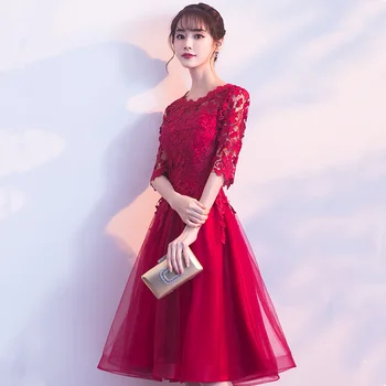 Rudenį naujų moterų apvalios kaklo siūlės nėrinių rankovėmis paprastai gali dėvėti raudonos vestuvių skrudinta duona nuotakos suknelė