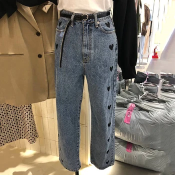 Korėjos moteriški drabužiai 2020 m. rudenį naujų mados meilės spausdinti aukštos juosmens džinsai moterims tiesiai pločio kojų kelnės KZ831