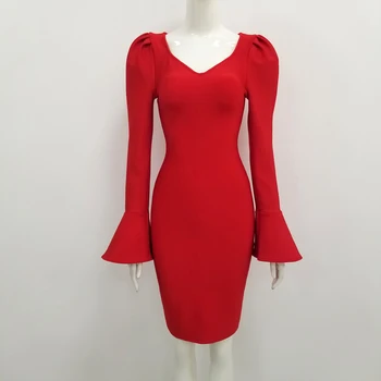 Naujausias Žiemos Stilius Seksualus Long Sleeve V-Kaklo Juodas Raudonas Tvarstis Suknelė 2019 Dizainerio Mados Šalis Suknelė Vestido