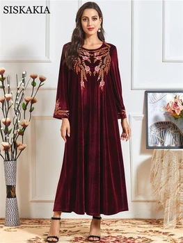 Siskakia Aksominis Gėlių Siuvinėjimas Maxi Suknelė Moterims Rudenį 2020 Bordo O Kaklo, ilgomis Rankovėmis Plius Dydis Musulmonų arabų Drabužiai Nauji