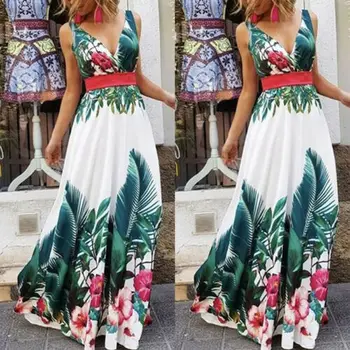 Boho Maxi V Kaklo Print Dress Lady Vasaros Atostogų Gėlių Paplūdimio Vakare Šalies Sundress Naujas