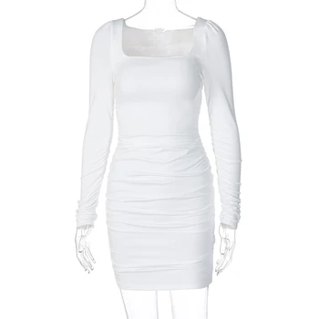 2021 m. Rudenį, Žiemą Moterų Atsitiktinis ilgomis Rankovėmis Suknelė Mados vientisos Spalvos Aikštėje Apykaklės Plisuotos Slim Fit Trumpą Suknelę Naujas