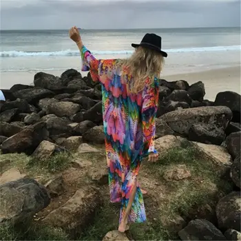 Saida de praia Mados Paplūdimio Suknelė Kimono Moterų Paplūdimio Įvairiaspalvis Bohemijos Atogrąžų Spausdinti Kulkšnies Ilgis Pareo Suknelė Q600