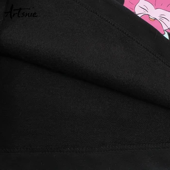 Artsnie animacinių filmų spausdinti streetwear moterų palaidinukė o kaklo, ilgomis rankovėmis juoda negabaritinių hoodies žiemos vilnos megztiniai moteris