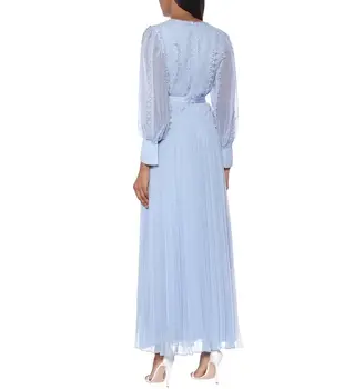 Aukštosios Gatvės Mados Vasarą Ilgai Sleevs Suknelė Mėlynos spalvos Šifono Suknelės Moterų V-kaklo Šalies Vestidos 2020 M. Aukštos Juosmens Bodycon Plisuotos