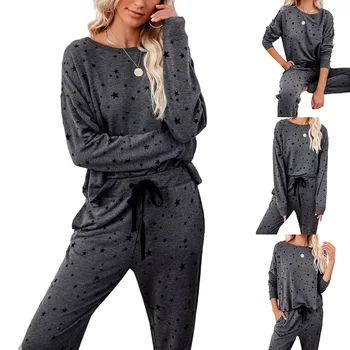 2021 m. Pavasarį Loungewear Moterų Pyjama Nustatyti Atsitiktinis Spausdinimo ilgomis rankovėmis O-kaklo Atsitiktinis Palaidų Homewear 2 Vnt Moterų Pajama Rinkinys