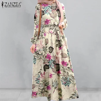 Retro Gėlių Maxi Suknelė Moterų Rudenį Sundress 2021 ZANZEA Išspausdintas Musulmonų Suknelės Moterų Mygtuką Skraiste Juostinės Negabaritinių 5XL