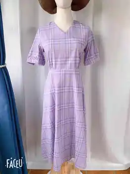 Plus size Naujas Vasaros Suknelė Mergaitėms Boho Šalies Moterų Vintage Suknelė violetinė pledas nėrinių Trumpas Rankovės Moterų Suknelės, Skraistės Vestido
