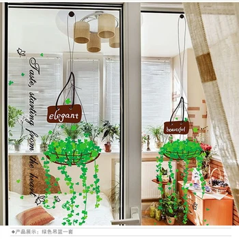 Paprastas stilius žaliųjų augalų, kabantys krepšelį sienų lipdukai langą lipdukai šiuolaikinio meno freskomis parduotuvė stiklo durų ir langų lipdukai