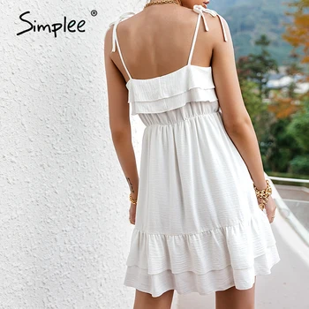 Simplee Baltos V-kaklo aukštos juosmens-line suknelė Mados Rankovių Pynimas Vasaros Moterų Suknelė Elegantiškas, Kietas Vidutinio ilgio Suknelė