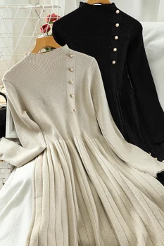 Derliaus Juoda/Chaki Megzta Mini Suknelė Rudens Žiemos Atsitiktinis Stovėti Apykakle Ilgomis Rankovėmis Vestidos Elegantiškas Plisuotos Suknelės Naujos 2020 M.
