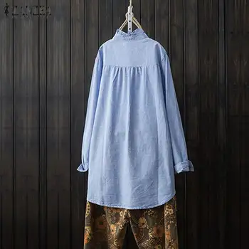 Elegantiškas Dryžuotas Marškinėliai Moterų Siuvinėjimo Palaidinė 2019 ZANZEA Atsitiktinis ilgomis Rankovėmis Blusas Atvartas Mygtuką Tunika Plius Dydis Viršuje 5XL